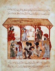 Rabszolgamenet a jemeni Zabidban (Zebid). Miniatűr a „Les Seances”-ben. Al-Maqamat” (Folio 105), amelyet Yahya ben Mahmud al-Wasiti megvilágított, és írta: Hariri al-Basri, al-Qasim ibn Ali al (1054-1122)