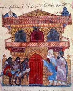a burzsoá al-Harith (Al Harith), Hammam fia, és Abu-Zayd (Abu Zayd) vándor navigátor a Miniatűr király palotája előtt Abu Mohammed al-Kasim ibn Ali Hariri „Maqamat” (Szeánszai) (vagy Al-Hariri vagy Al Hariri) (1054-1122) enlumi alkotó: Yahya ibn Mahmud Al-Wasiti