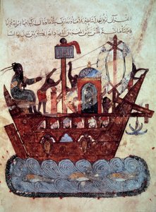 a burzsoá al-Harith (Al Harith), Hammam fia és Abu-Zayd (Abu Zayd) vándor navigátor egy miniatűr csónakon Abu Mohammed al-Kasim ibn Ali Hariri (vagy Al-Háriri) „Maqamat”-járól (Szeances) Hariri vagy Al Hariri) (1054-1122) Yahya Mahmud a világította meg