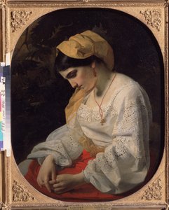 Egy fiatal menyasszony (A Bride). Profilportré egy szomorú fiatal nőről rezignált arckifejezéssel. Jakov Fjodorovics Kapkov (1816-1854) festménye, olaj, vászon alkotó: Yakov Fyodorovich Kapkov