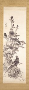 Pünkösdi rózsa és aranyfácán (tinta selyemen) alkotó: Yamamoto Baiitsu