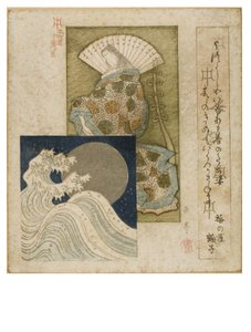 Heian Era udvarhölgye nagy legyezővel, ezüst holddal és hullámokkal a Honcho költőkör sorozatból, 1815-1825 körül (fadarab papíron) alkotó: Yashima Gakutei