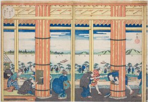 Az esőmenedék a Nii-dombon az Aji folyó mellett, Oszakában (Osaka Ajigawa Niiyama amayadori), a "Híres helyek Oszakában: Szép kilátás a Tenpo-hegyre (Naniwa meisho Tenpozan shokei ichiran)" sorozatból. alkotó: Yashima Gakutei