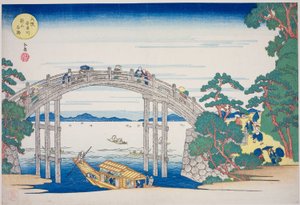 Kőhíd az Aji folyón az oszakai Nii-domb közelében (Osaka Ajigawa Niiyama ishibashi), a "Híres helyek Oszakában: A Tenpo-hegy szép kilátásai (Naniwa meisho Tenpozan shokei ichiran)" sorozatból. alkotó: Yashima Gakutei