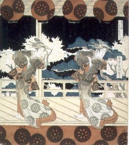 Két táncos a színpadon, a The Dance at Furuichi című sorozatból a Hisakataya csoport számára, 1822 körül (tinta) alkotó: Yashima Gakutei