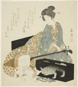 Nő Shamisennel és macskával alkotó: Yashima Gakutei
