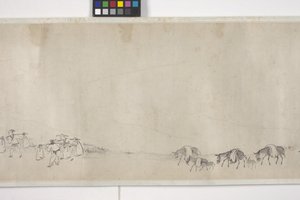 Száz szamár gabonát szállít, kézi tekercs, 1700 körül (tinta papíron) alkotó: Ye Yin
