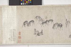 Száz szamár gabonát szállít, kézi tekercs, 1700 körül (tinta papíron) alkotó: Ye Yin