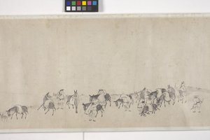 Száz szamár gabonát szállít, kézi tekercs, 1700 körül (tinta papíron) alkotó: Ye Yin