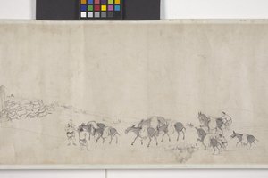 Száz szamár gabonát szállít, kézi tekercs, 1700 körül (tinta papíron) alkotó: Ye Yin