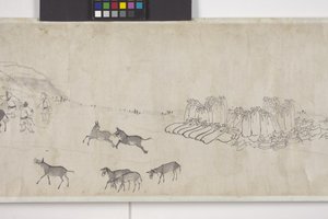 Száz szamár gabonát szállít, kézi tekercs, 1700 körül (tinta papíron) alkotó: Ye Yin