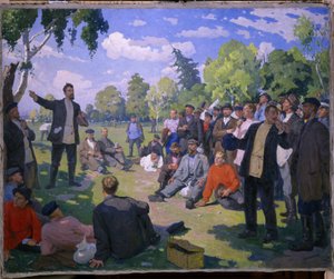 A munka ünnepe 1891-ben (1891-ben május elseje). Pihenőnap és a munkások összejövetele egy napsütötte parkban. Jefim Mihajlovics Csepcov (1875-1950) festménye, olaj, vászon 1935. 20. századi szovjet művészet. Állami Orosz Múzeum, Szent alkotó: Yefim Mikhailovich Tcheptsov