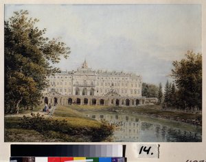 Kilátás a Szentpétervár melletti Strelna Konstantin-palotára. Pierre Le Grand (1672-1725) nyári rezidenciája, 1720 és 1807 között épült, Jean Baptiste Le Blond (1679-1719) építész, majd alkotó: Yegor Yegorovich Meier
