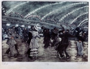 A Tango a Luna Park (Tango Dance a Luna Parkban). Táncospárok széles padlón, a mennyezetről fényfüzérekkel világítva. Jelisaveta (Elisabeth) Szergejevna Kruglikova (Elizaveta Sergeevna Krouglikova) (1865-1941) alkotása, metszet (