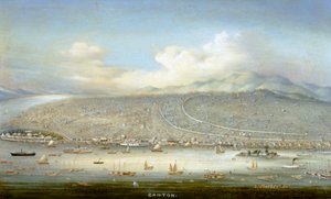 Kanton látképe a Shamian-szigettel 1865-ben, 1880 körül (olaj, tábla) alkotó: Yichang Yichang