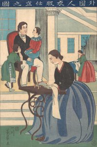 Külföldi család ruhákat készítő feleségével, 1860. alkotó: Yoshikazu