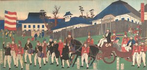 Kép a külföldiek felvonulásáról Jokohamában, 1861. második hónapja.
