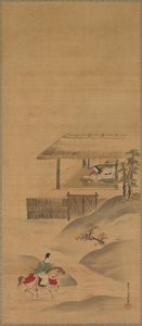 Minamoto no Nakakuni meglátogatja Lady Kogot, függő tekercsek triptichonja, 1600-as évek vége (tinta és szín a selyemen)