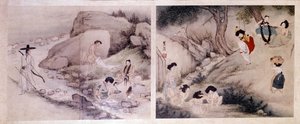 Art core: a nők mossák a ruháikat és öltözködjenek, a nők pedig vécéjüket járják és szórakoztatják magukat. Sin Yun Bok (vagy Hyewon) (szül. 1758) nyomatai. Hyung Pil Chun kollekció alkotó: Yun-bok Sin