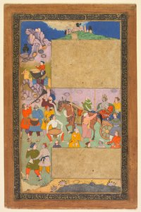 Egy sziklás tájon lovagló szekér lakájok és zenészek kíséretével..., 1616-16 alkotó: Yusuf Ali