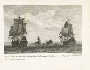 Einde van het gevecht van Jan Bart op 22 mei, 1689 Az 1689. május 22-i harc vége, ahol Jean-Bart és Forbin, bár leleplezték magukat, csak akkor adják meg magukat, amikor biztosították flottájuk visszavonulását (cím a tárgyon) Jean-Bart, az Es főnöke harcai