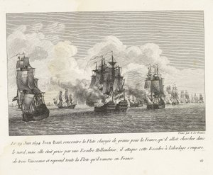 Jan Bart hervert graanschepen a Hollands eskaderben, 1694 1694. június 29-én Jean-Bart találkozott a Franciaországnak szánt gabonával megrakott flottával (...), és átvette az egész flottát, amelyet visszavitt Franciaországba (cím a tárgyon) Jean-Bart, az E