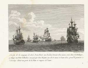 Jan Bart valt Hollandse schepen in de Baltische zee aan, 1675 Az 1675-ös hadjárat végén Jean-Bart ugyanazzal a 10 ágyús Corsair-rel a Balti-tengeren cirkál, ott megtámad egy holland flottát (...) (cím a tárgyon) Jean-Bar harcainak gyűjteménye