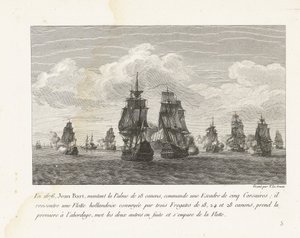 Jan Bart valt met zijn eskader een Hollandse vloot aan, 1676 1676-ban Jean Bart a 18 ágyús Palme-ra ülve egy öt Corsairből álló századot irányított (...) (cím a tárgyon) Jean-Bart, XIV. Lajos századparancsnok harcainak gyűjteménye (sorozat címe)