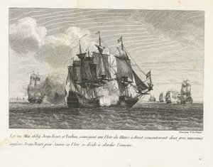 Jan Bart valt twee Engelse schepen aan, 1689 1689. május 22-én Jean-Bart és Forbin a flottát Le Havre-ból Brestbe szállítva két nagy angol hajóval találkoztak, Jean-Bart, hogy megmentse flottáját, úgy dönt, hogy megközelíti az ellenséget (cím a tárgyon) Gy