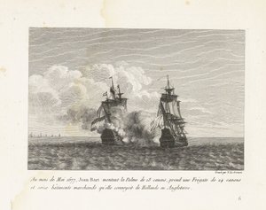 Jan Bart Ververt een Hollands Fregat, 1677 1677 májusában Jean-Bart felült a 18 ágyús Palme-ra, vett egy 24 ágyús fregattot és tizenhat kereskedelmi hajót, amelyeket Hollandiából Angliába szállított (cím a tárgyon) Jea harcainak gyűjteménye alkotó: Yves Marie Le Gouaz