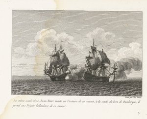 Jan Bart Ververt een Hollands Fregat bij Duinkerke, 1675 Ugyanebben az évben, 1675-ben, Jean-Bart egy 10 ágyús Corsairre szerelt; Dunkerque kikötőjének kijáratánál elkap egy 12 ágyúból álló holland fregattot (cím a tárgyon) Összeállítás Jean-Bart harcairól