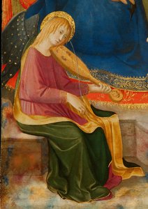 Az alázatosság Madonnája két muzsikus angyallal. Részlet: Zenészangyal, c1450. alkotó: Zanobi Strozzi