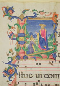 Mise 515 f.72v Történeti kezdetű „L”, amely Mária Magdolnának megjelenő Krisztust ábrázolja, a szegélyt Filippo di Matteo Torelli (1409-68) világította meg egy 1449 előtt kiadott kóruskönyvből (a de.