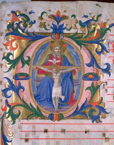 Ms 523 f.166r Történeti „O” kezdőbetű a Szentháromsággal, egy misekönyvből, 1446-60 körül (vellum)