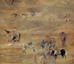 Mongol lovas lovat kerget. Részlet. Fou Tchao Mong (1254-1322) selyemfestménye. Yuan-dinasztia (i.sz. 1206-1368) Párizs, Guimet Múzeum, Ázsiai Művészeti Nemzeti Múzeum
