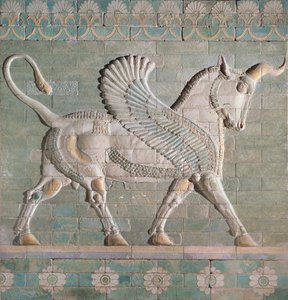 00353 Szárnyas bika, perzsa, Susa-ból, Achaemenid-dinasztia, ie 500 körül (mázas csempék)