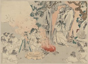 „Kami grófnő” táncol Amaterasu napistennőnek a barlangjából kicsalogatására, 1890 körül (fametszet) alkotó: . .