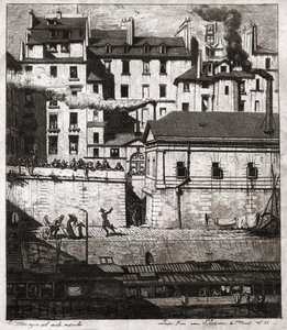 Helyszín rendőri beavatkozással a párizsi rakparton. 1860 körül (metszet) alkotó: . .