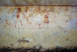 Temetési körmenet táncosokkal és zenészekkel, freskó, Kék démonok sírja, Tarquinia nekropolisza (UNESCO Világörökségi Lista, 2004), Lazio, Olaszország Etruszk civilizáció, Kr.e. 5. század alkotó: Georg Carl Heinrich Dollmann