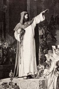 Girolamo Savonarola (1452 – 1498), olasz domonkos szerzetes, aki az erkölcstelenség és a bûnre csábító fényûzés ellen prédikál De Langemantels „El Mundo Ilustrado” mûve után, Barcelonában, 1880 körül. alkotó: Ferdinand Georg Waldmuller