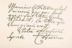 Nagy Katalin néven ismert II. Katalin oroszországi császárnő kézi írásmintája alkotó: Ferdinand Georg Waldmuller
