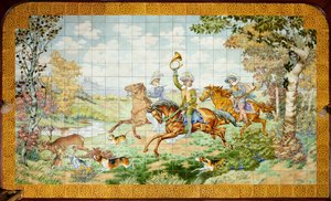 Belső nézet, csempepanel, festő Furcy Ernest Tondeur, végrehajtó Boch Frères La Louvière, első panel, vadászjelenet három lovassal alkotó: . .