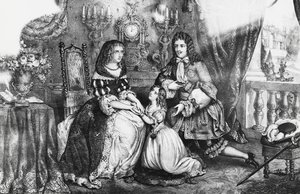 XIV. Lajos király és lánya könyörög Louise de La Valliere hercegnőhöz, hogy ne vonuljon vissza a kolostorba