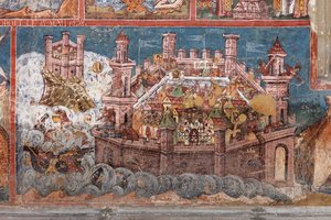 Kolostor (manastirea Moldovita). A templom. Külső. Déli. Bal oldali rész. Falfestmény. alkotó: . .