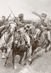 Az orosz kozákok és a Schwansfeld halálhuszárjaiként ismert német lovasság lovas harca Korschen és Bartenstein között, Kelet-Poroszország, 1914 augusztusában az első világháború alatt, La Esferából alkotó: Ferdinand Georg Waldmuller