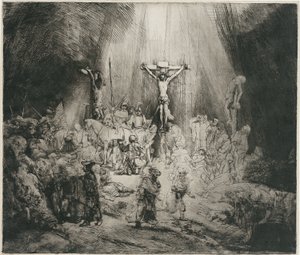 Krisztus keresztre feszítve a két tolvaj között (a három kereszt) alkotó: Rembrandt van Rijn