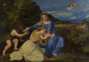 A Szűz és a Gyermek a csecsemő Szent Jánossal és egy női szenttel vagy donorral ("Aldobrandini Madonna") alkotó: Tiziano Vecelli