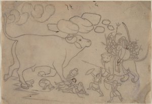 Durga szembeszáll a Buffalo Demon Mahishával: Jelenet a Devi Mahatmya-ból, Ka. 1780. alkotó: a first generation master after Nainsukh