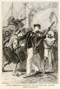 Miután erőteljesen visszaverték a segítségüket felajánló fellahokat Jules Verne (1828-1905) Nyolcvan nap alatt a világ körül című művéből, Henri-Théophile Hildebrand (1824-1897) metszetéből 1873 (metszet)