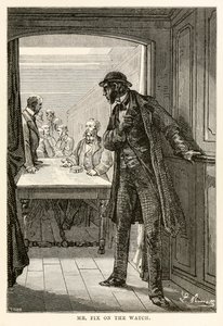 Mr. Fix az órán, Jules Verne (1828-1905) A világ körül nyolcvan nap alatt című művéből, Louis Dumont (sz. 1822) metszet, 1873